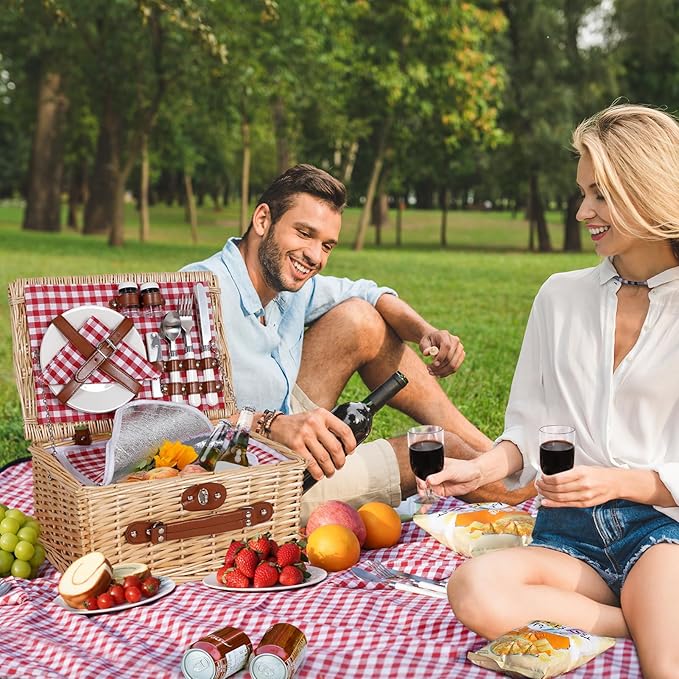 HappyPicnic Picnic Basket Set for 2 - Wicker Picnic Basket with Waterproof Blanket & Insulated Liner, Large Handmade Willow Hamper with Cutlery Kit for Outdoor, Picnic, Camping, Party, Holidays (Red)