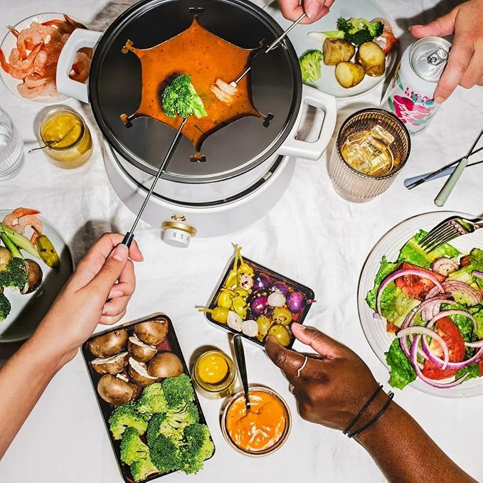 Beautiful 3-Quart Electric Fondue Set, Stainless Steel & Ceramic Insert, Nonstick, Adjustable Temp (White Icing)