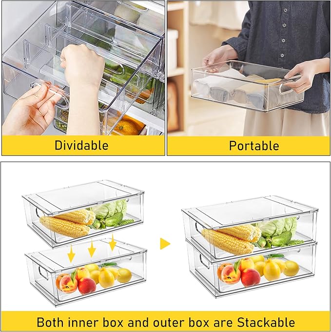 4 Pack Refrigerator Organizer Bins with Pull-out Drawer Stackable Clear Fridge Drawer Organizer Fruit Vegetable Storage Containers for Kitchen Pantry Organization (2 Large+2 Small)