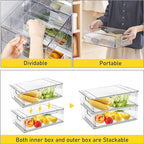 4 Pack Refrigerator Organizer Bins with Pull-out Drawer Stackable Clear Fridge Drawer Organizer Fruit Vegetable Storage Containers for Kitchen Pantry Organization (2 Large+2 Small)