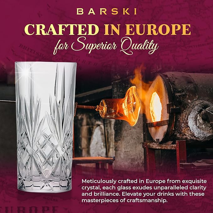 Barski Highball Glass - Drinking Glasses - Set of 4 - Hiball Tumblers - Glass Crystal Tumbler - for Water, Juice, Beer, Mixed Cocktails, Mojito Glass, Tom Collins Bar Glassware, 12 oz, Made in Europe