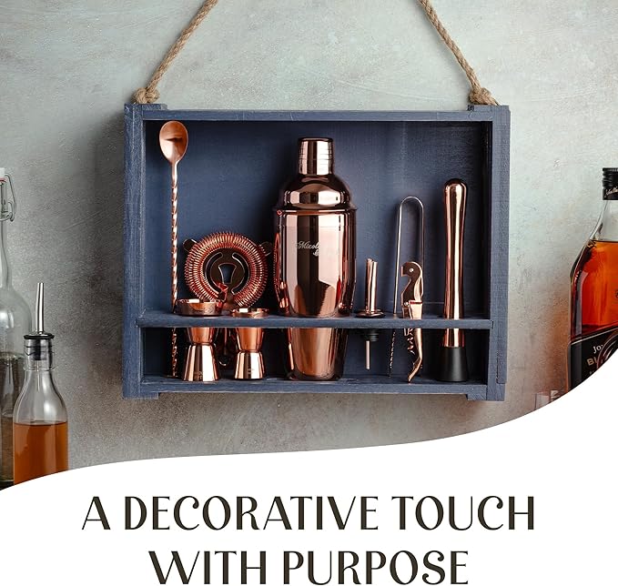 Mixology & Craft 11-Piece Cocktail Shaker Set, Bartender Kit with Stand, Stainless Steel Bar Tools, Dual Jiggers, Muddler & Pourers, Wood Display for Home Bar - Gift Ready (Copper)