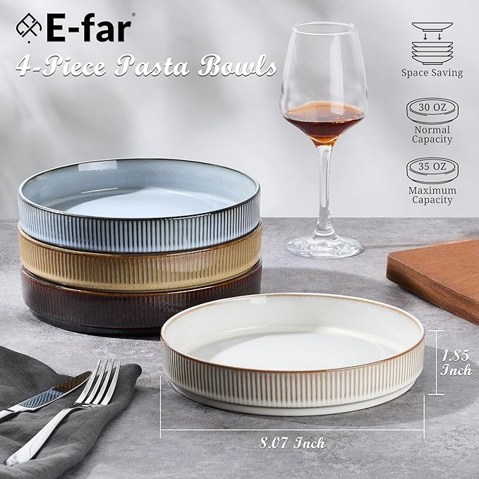 E-far Pasta Bowls Set of 4, 35oz Large Salad Bowl Plate for Dinner Serving Soup, Wide & Shallow Ceramic Stoneware Pasta Plates, Microwave & Dishwasher Safe, Reactive Glaze Textured Stripes, Multicolor