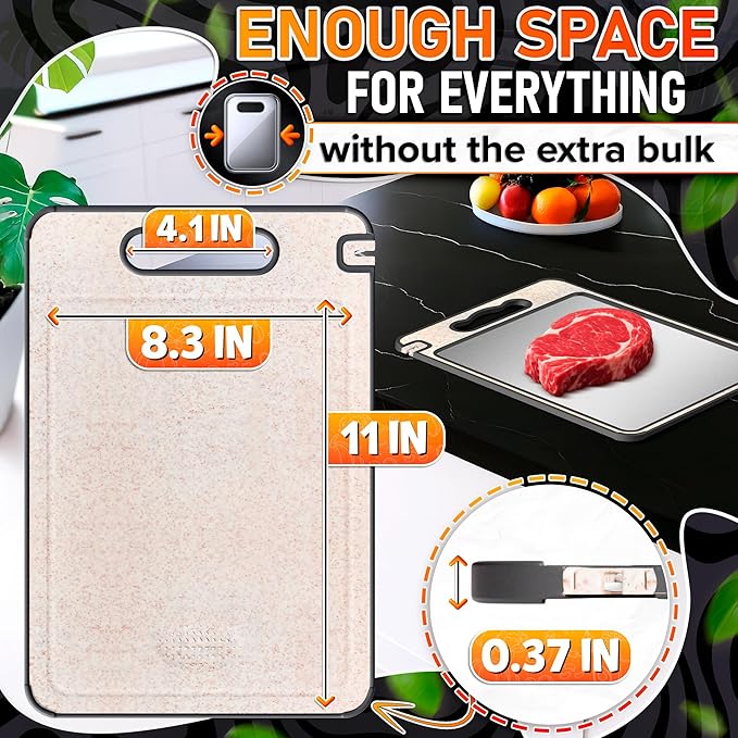 Titanium Cutting Board for Kitchen 14.3"x9.8" - Double Sided Metal Cutting Board Titanium GR1 for Meat & Wheat Straw PP for Fruits - Non-Slip, Built-in Knife Sharpener, Garlic Grater & Juice Grooves
