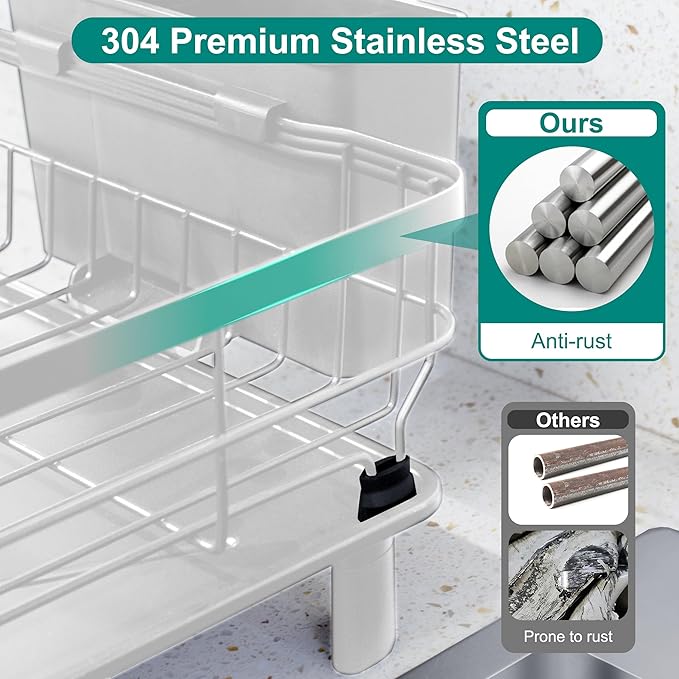 2-Tier Dish Drying Rack for Kitchen Counter,Space-Saving Dish Rack with Drainboard,Rustproof Countertop Dish Drainer with Utensil Holder for Sink,White