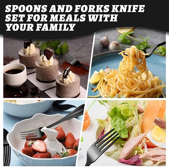 TIVOLI Silverware Set for 6, 30 Piece Heavy Duty Stainless Steel Flatware Utensils Cutlery Set Including Steak Knife Fork and Spoon, Dishwasher Safe, Gift Package for Wedding Housewarming (Black)