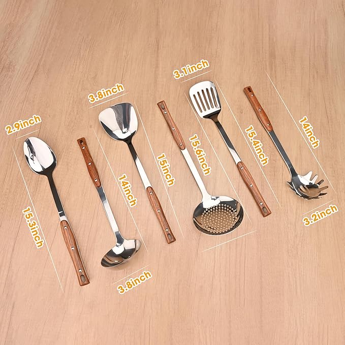 FJNATINH Wok Utensils Tools - 6 PCS Stainless Steel Kitchen Cooking Utensils Set, Include Wok Spatula, Soup Ladle, Skimmer, Spaghetti Server, Slotted Turner and Solid Spoon, Heat Resistant