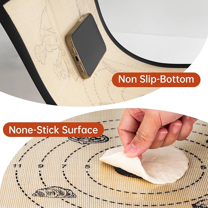 Silicone Baking Mat with 10 Recipes, Non Stick Silicone Pastry Mat, Kneading Dough Rolling Mat Silicone Mats for Baking Cookie, bread, Pizza, Surdough, Extra Thick Oven Mat & Dishwasher Safe