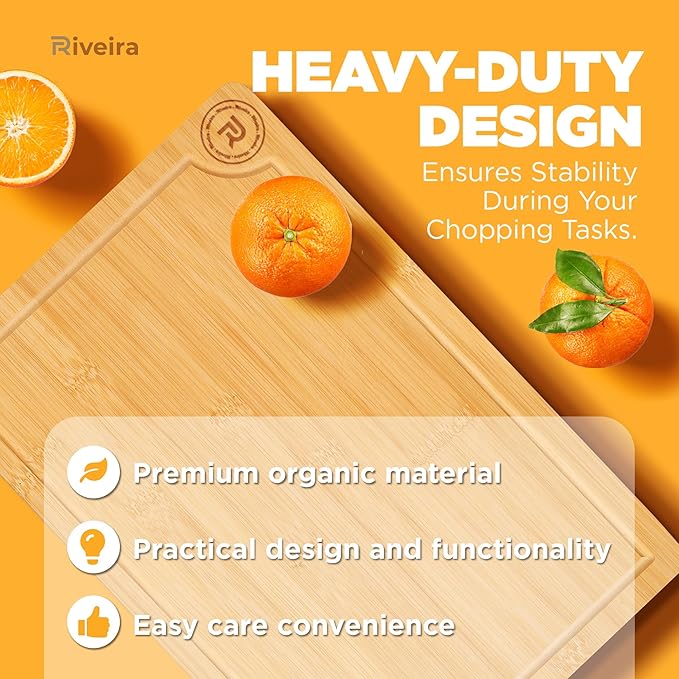 Riveira Wood Cutting Board – Gourmet Bamboo Grandeur: 15 x 10 Inches Wooden Cutting Boards For Kitchen – Natural Cutting Boards For Kitchen – Innovative Juice Grooves Non Toxic Cutting Board
