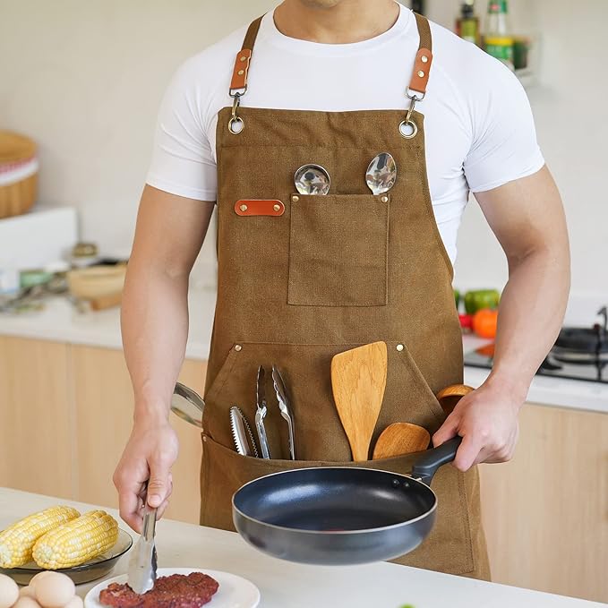 Canvas Aprons for Men Chef Apron, Work Apron with Large Pockets - 16oz Heavy Duty Cross Back, BBQ, Cooking