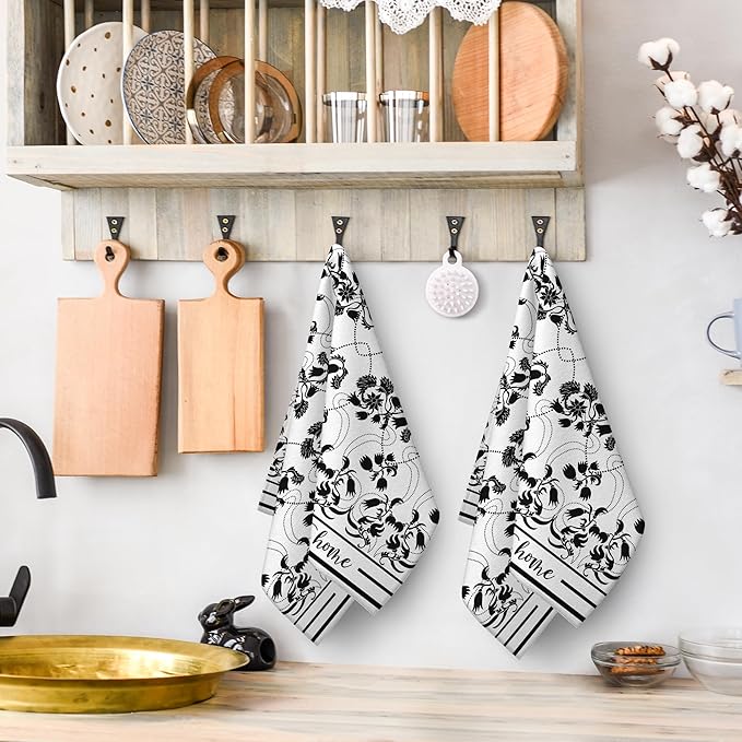 Black Kitchen Towels Decorative Set of 2, Absorbent Boho Floral Dish Towels for Kitchen Drying Cleaning, Cute Tea Towels Hand Towels for Kitchen Bar Bathroom Decor,Housewarming Gifts for Women