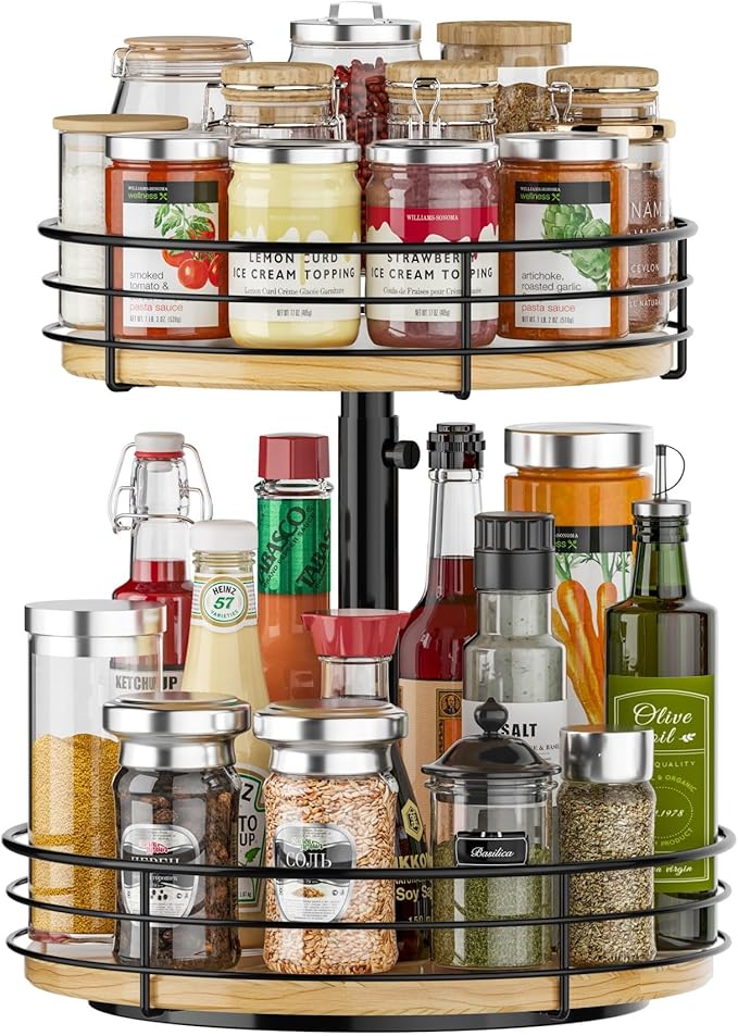 Two Tier Lazy Susan Organizer Turntable Height Adjustable, 12 Inch Wood Lazy Susan 2 Tier, Rotating Spice Rack Organizer for Cabinet Dining Table Top Kitchen Bathroom Countertop Black