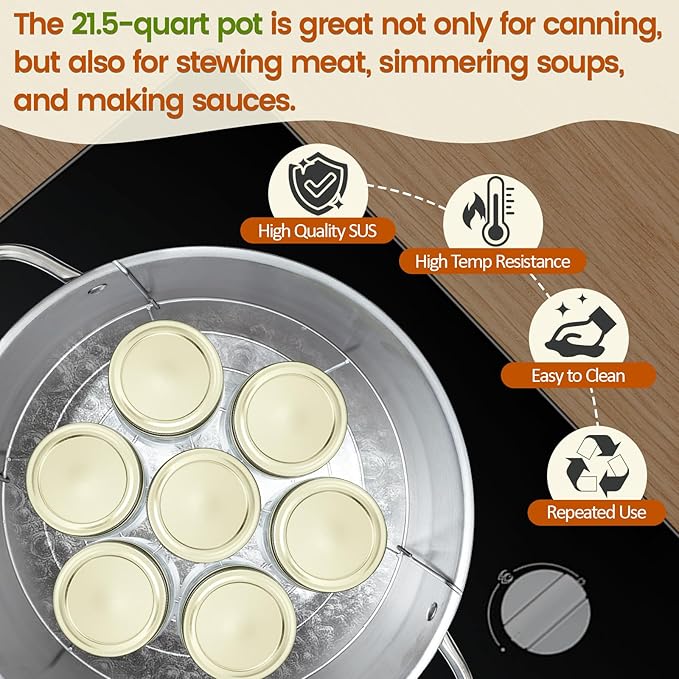 Canning Pot with Lid & Rack, 21.5 QT Stainless Steel Water Bath Canner for Home Canning, Complete Canning Supplies with Funnel, Jar Lifter, Tongs, Lid Lifter, Wrench, Bubble Remover