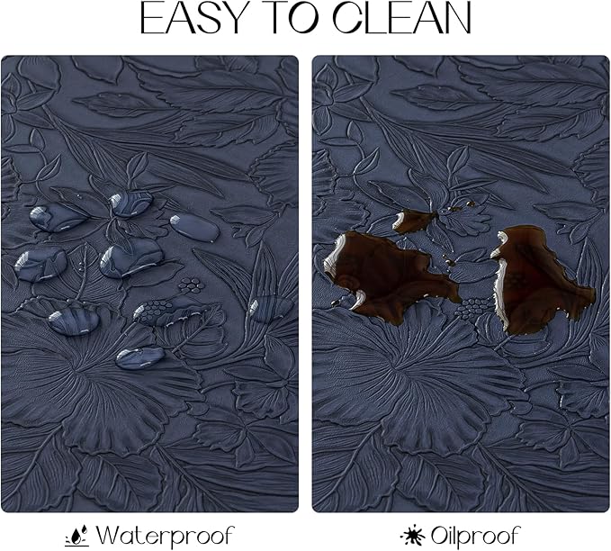 Romanstile Vinyl Placemats Set of 8-12 X 18 Inch - Heat Resistant Non-Slip Embossed Floral Place Mats 100% Waterproof Oilproof Wipeable Faux Leather Table Mats for Kitchen/Dining/Party, Navy Blue