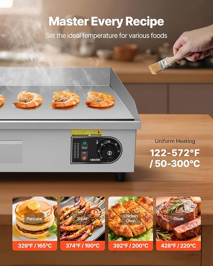 VEVOR Commercial Electric Griddle, 28.54 x 15.75 inches, 4400W, 122-570°F Adjustable Temp Control, Stainless Steel Body, Half Grooved Half Flat, with 2 Spatulas, 2 Brushes, and 4 Foot Pads, for Steak