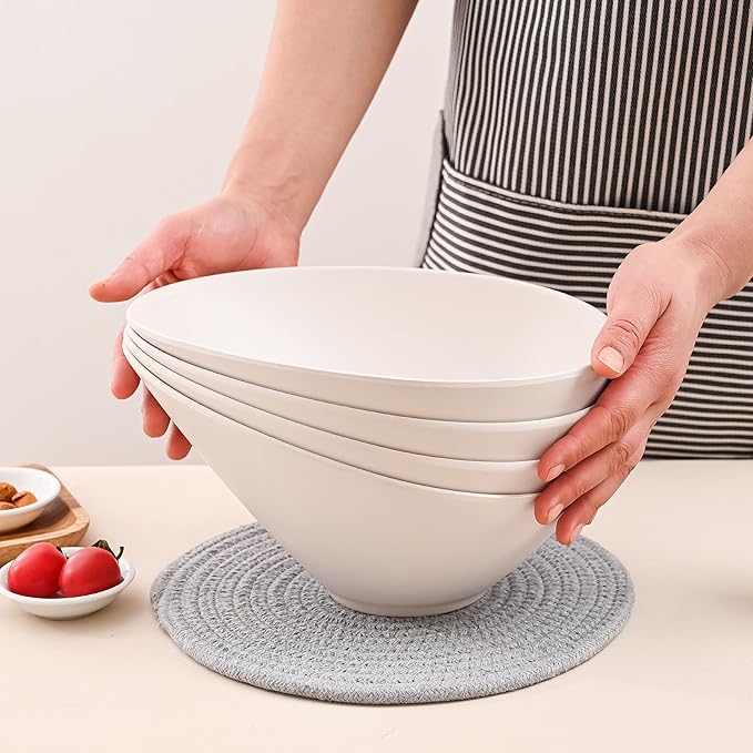 Salad Bowls, 4 Packs Serving Bowl, Compostable 33 Ounce Pasta Bowls, Elegant White Angled Bowl for Salad, Pasta, Soup, Prep, Ideal for Home and Restaurant