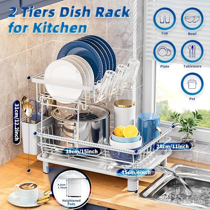 2 Tiers Dish Drying Rack, Space-Saving Dish Racks for Kitchen Counter, Dish Drainer Drying Rack with Drainboard, Utensil Holder Cups Holder and Adjustable Swivel Spout, White