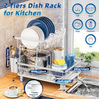 2 Tiers Dish Drying Rack, Space-Saving Dish Racks for Kitchen Counter, Dish Drainer Drying Rack with Drainboard, Utensil Holder Cups Holder and Adjustable Swivel Spout, White