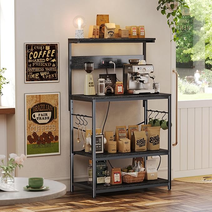 SUPERJARE Bakers Rack with Power Outlets, Microwave Stand, 31.5 X 16.5 Inch Larger Desktop, Kitchen Storage Rack with Adjustable Middle Shelf, 6 S-Shaped Hooks, Coffee Bar Stand, Black