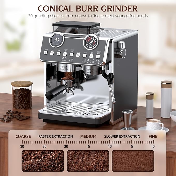Espresso Machine with Grinder, 20 Bar Pressure Professional Coffee Maker with 30 Grinding Settings, 58mm Portafilte, Anti-scalding Milk Frother Steam Wand for Latte (IronGrey)