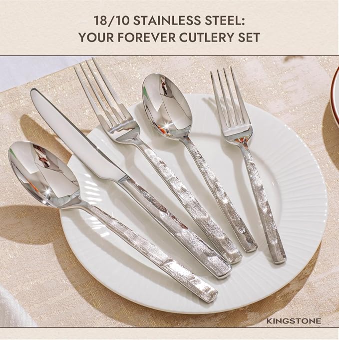 KINGSTONE Silverware Set, 60-Piece 18/10 Stainless Steel Brushed Handle Flatware Cutlery Set, for Kitchen, Home, Party, Wedding Gift, Rust Resistant and Dishwasher Safe