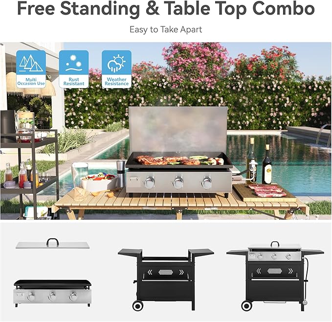 GREEN PARTY 3 Burner Propane Gas Griddle with Removable Standing Cart, Convertible to Tabletop Design, 27 inch Flat Top Grill for Outdoor Cooking Camping Tailgating Barbecue