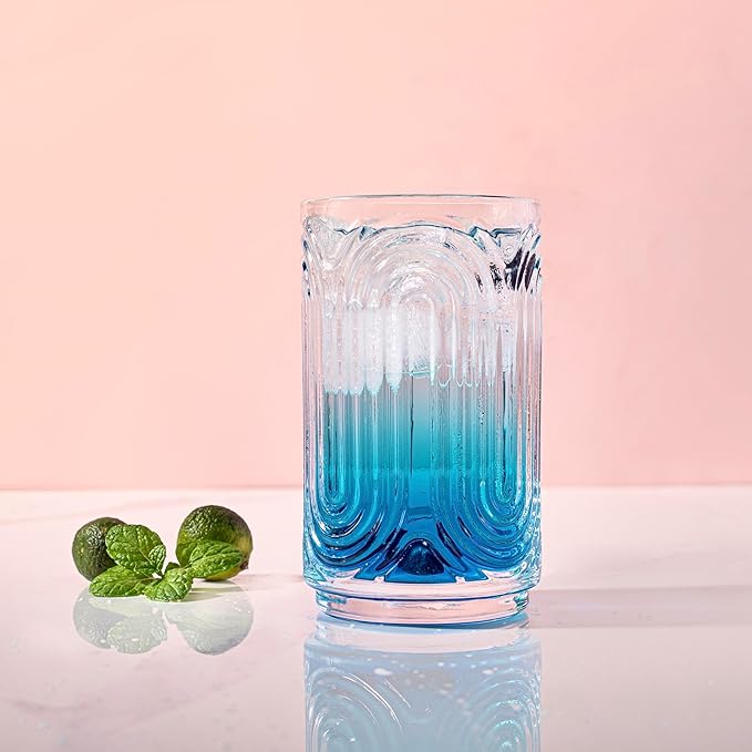 INSETLAN Set of 6 Vintage Glassware - 14 oz Water Drinking Glasses, Art Deco Ripple Glass Cup, Cocktail Glasses, for Bar Beverages Ice Coffee Juice, Housewarming Presents, New House Essentials
