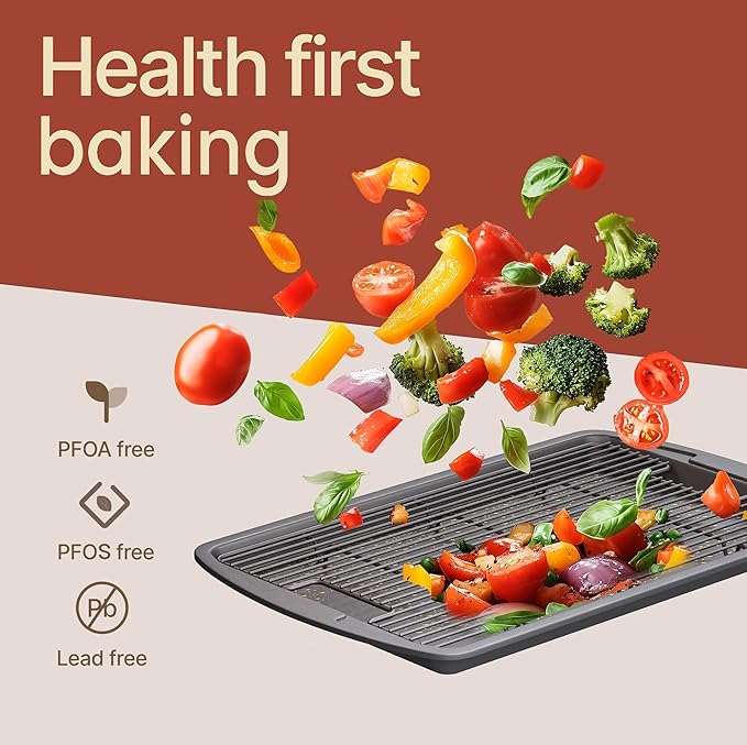 Cookie Sheet with Wire Rack Set, 2-Piece Nonstick Gray Carbon Steel Pan & Cooling Rack, Space-Saving Stackable Set, PFOA, PFOS, PTFE Free, Oven Safe Up to 450°F, 17.4" Pan & 14.7" Rack