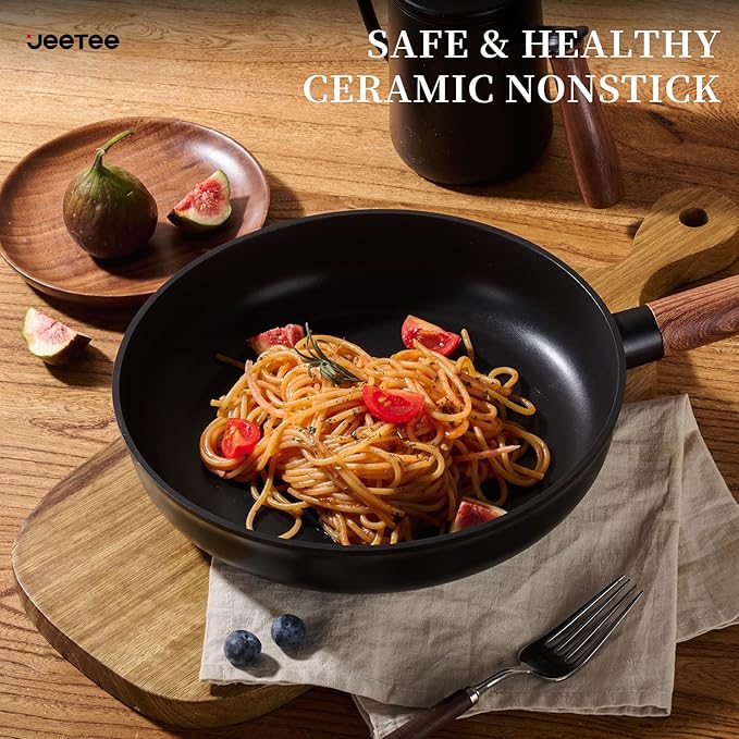 JEETEE Ceramic Cookware Set, 13 Pcs Pots and Pans Set Nonstick with Rotation Removable Handles, Healthy Non-Toxic Cooking Set for All Stoves, Stackable Pots Pans, Oven Safe, PFOA/PFOS Free, Black