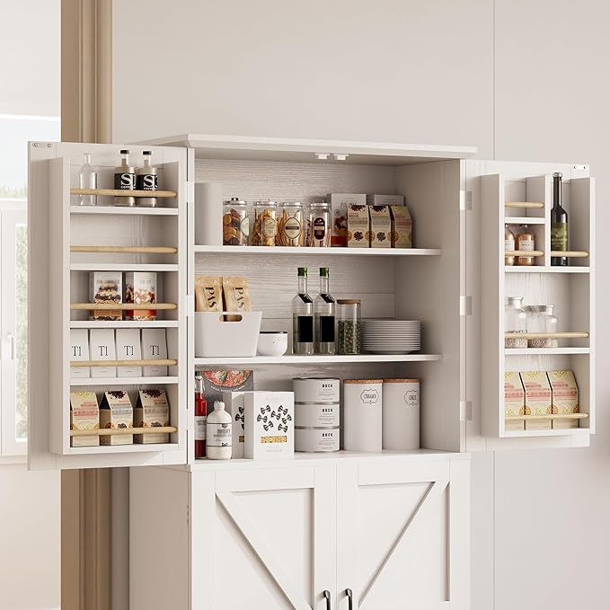 IRONCK Kitchen Pantry Storage Cabinet 72.8" H, 4 Barn Doors with Storage Rack, 4 Adjustable Shelves, Freestanding Cupboard for Dining Room Living Room, Laundry, White