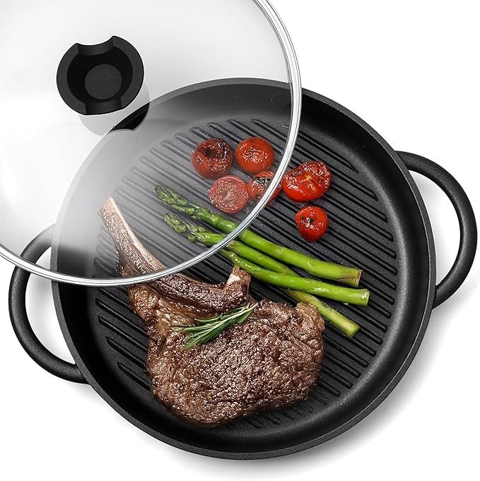 Moss & Stone Nonstick Grill Pan for Indoor Cooking 12", The Whatever Pan Cast Aluminum Griddle Pan for Stove Top Dishwasher & Oven Safe, Induction Grill Pan with Lid with Silicone handles PFOA Free