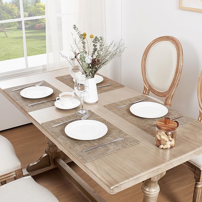 Softalker Vinyl Placemats Set of 8 - Faux Leather Heat Resistant Place Mats, 100% Waterproof Oilproof Wipe Clean Table Mats for Indoor & Outdoor Use, 17’’×12’’, Khaki