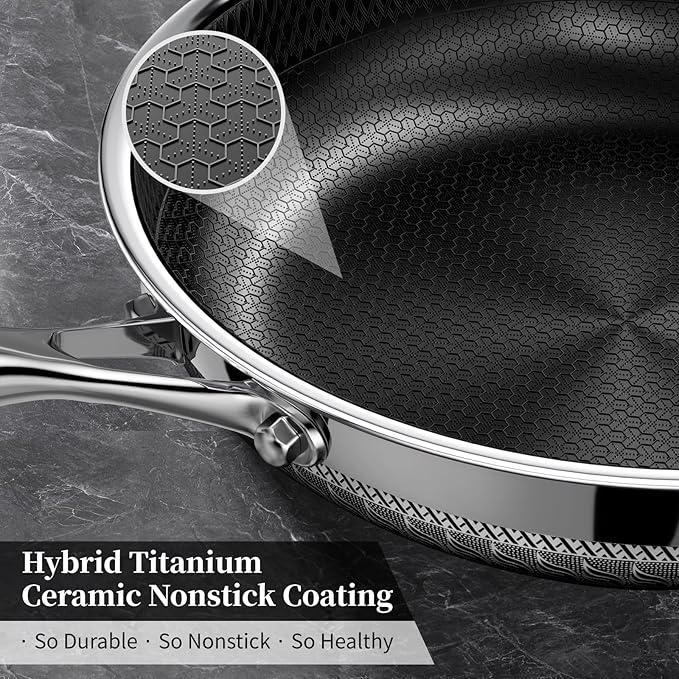 Non Stick Frying Pan with Lid, 10 Inch Hybrid Tri-Ply Stainless Steel Non Stick Skillet W/Lid Titanium Ceramic Nonstick Cookware No Toxic Induction Omelette Frying Pan, Oven Safe, PFAS/PFOA/PTFE Free