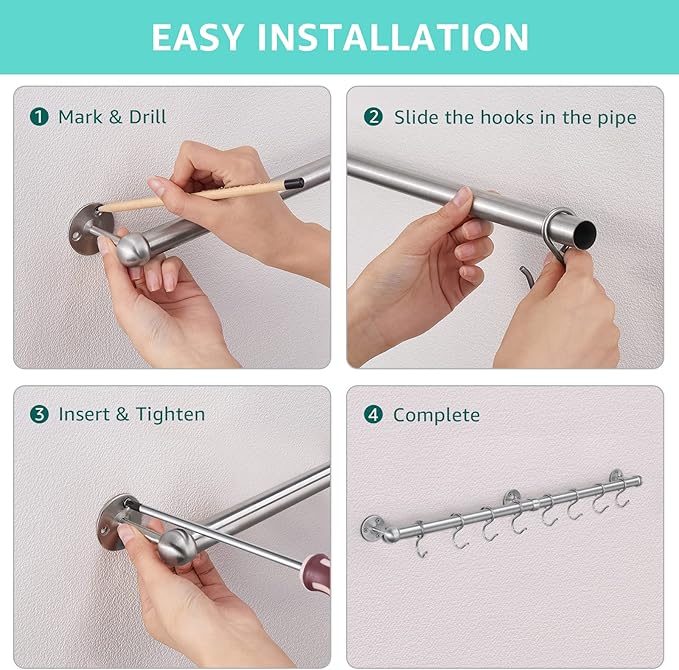 ROTHLEY Stainless Steel Hanging Pot Rack Hanger: 23.7 Inch Pot and Pan Hanger Wall Mounted Hanging Pot Bar Rack Heavy Duty Pot Hangers Kitchen Rail with 8 S Hooks (Brushed)