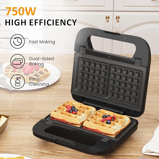 Sunvivi 3 in 1 Waffle, Grill & Sandwich Maker, Sandwich Maker Panini Press Waffle Iron Set with Removable Non-Stick Plates & Indicator Lights, Grill and Sandwich Press for Breakfast, 750W, Black
