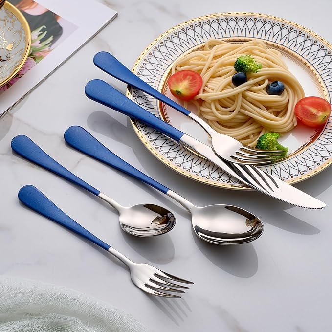 Colorful Silverware Set 20 Piece 18/0 Stainless Steel Flatware Sapphire Blue Handle Cutlery Set Service for 4 Fork Knife Spoon Set Mirror Finish Dishwasher Safe