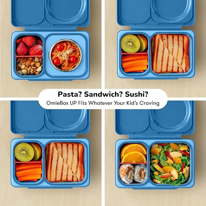 Omie OmieBox UP bento Box for Kids | Insulated Lunch Box | Leak Proof Vacuum Insulated Thermal Food jar | Cooler ice Pack | 2 Compartments (Cosmic Blue)