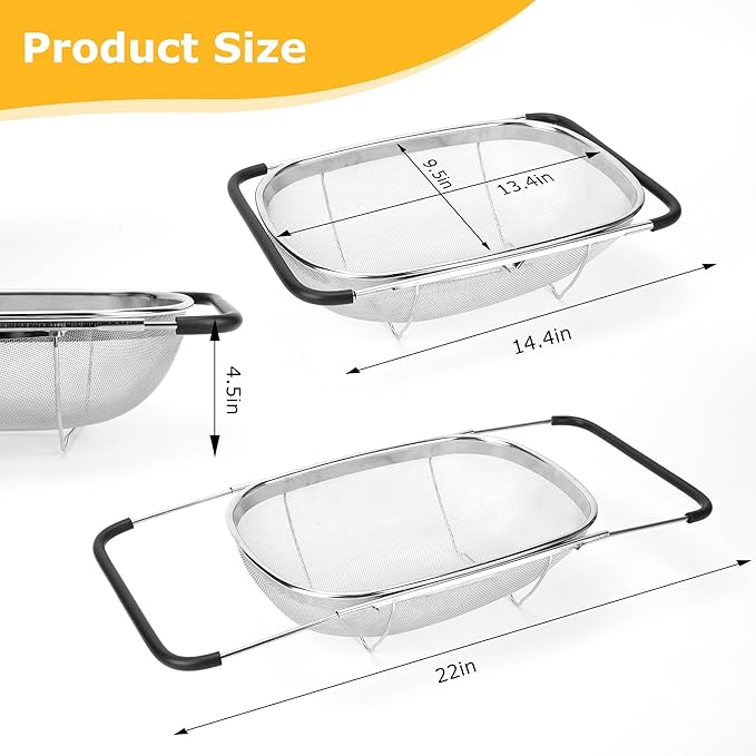 ZDRongZhen Kitchen Accessories Over the Sink Colander Strainer Basket，Stainless Steel Colander with Expandable Rubber Grip Sink Drainer-Rinse Vegetables Fruits &Strain&Drain (Large-Fine mesh)