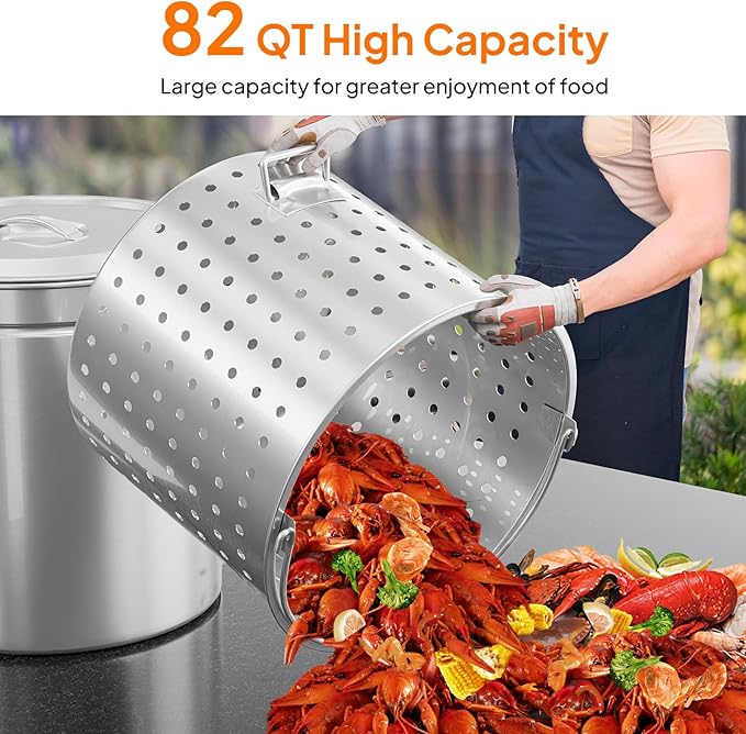 ROVSUN 82QT Stainless Steel Seafood Boil Pot with Strainer Basket, Lid & Hook, Versatile Stock Pot for Crab, Lobster, Shrimp Boiling, Heavy-Duty Turkey Fryer for Outdoor Cooking & Gatherings