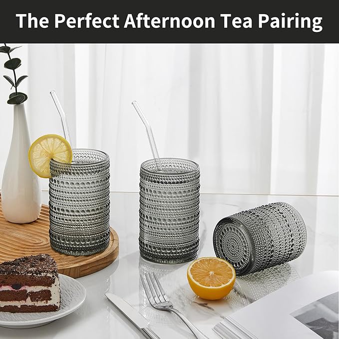 Hobnail Drinking Glasses Set of 6,15 oz Vintage Glassware Set Cocktail Glass Set, Embossed Grey Water Tumbler,for Beer, Whiskey,Juice and Various Mixed Drinks (15OZ Grey)