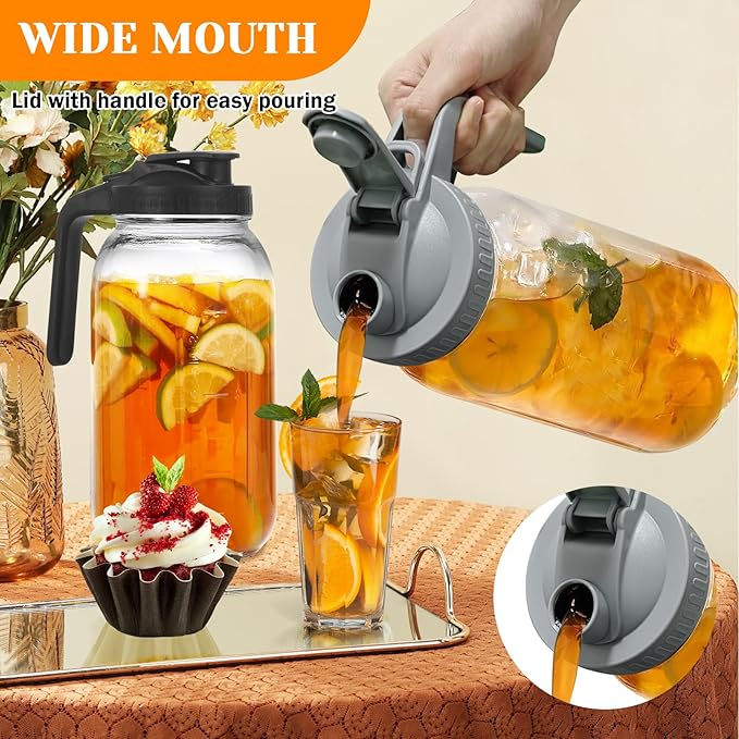 2 Pack Glass Pitchers with Lid, 64 oz Sun Tea Pitcher, Half Gallon Mason Jar Pitcher with Wide Mouth Airtight Lid for Ice Tea, Cold Brew Coffee, Fridge Water, Milk, Juices, Leak Proof Water Jug