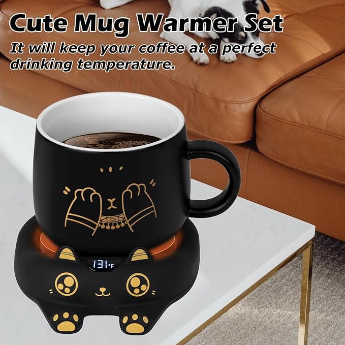 PUSEE Coffee Mug Warmer & Cute Cat Mug Set, Coffee Cup Warmer for Desk with Auto Shut Off, Beverage Warmer with 3 Temp Settings, Candle Warmer Coffee Warmer with Mug Set for Christmas & Birthday Gifts