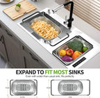 FirstE Over the Sink Colander Strainer Basket 6 Quart, Fine Mesh Stainless Steel Colander with Expandable Anti-slip Rubber Grip Handles, Kitchen Sink Vegetable Strainer for Drain Pasta, Rinse Fruits