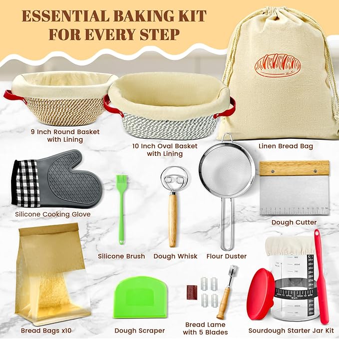 HASHMUST Banneton Bread Proofing Basket Kit, Sourdough Starter Jar Set, 9'' Round 10" Oval Fermentation Bowls Homemade Baking Supplies, Tools with Dough Whisk Cutter Lame Scraper Brush Scraper Bags