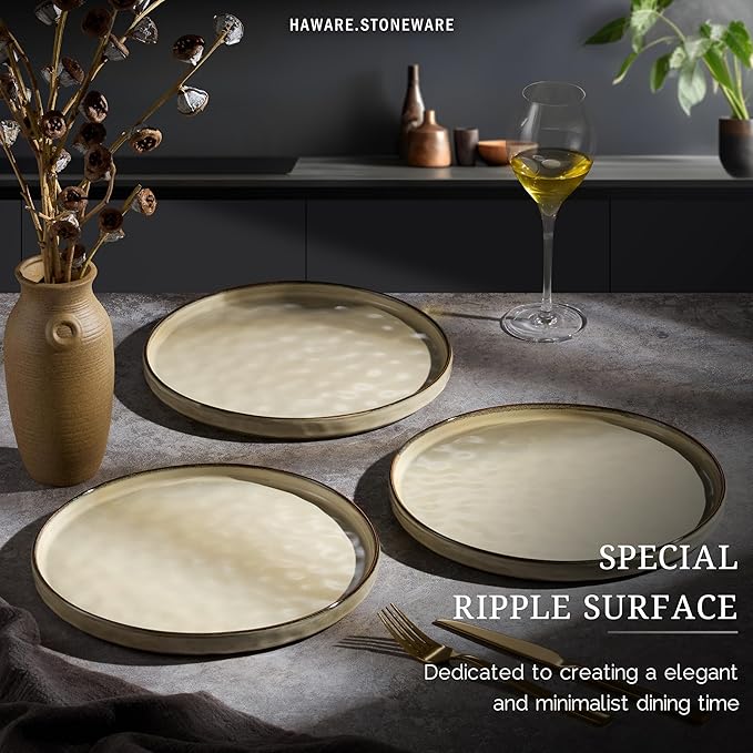 HaWare Stoneware Dinner Plates Set of 6, 10" Heavy Duty Ceramic Plate, Reactive Glaze Ripple Dinnerware for Home Restaurant, Chip and Scratch Resistant, Microwave and Dishwasher Safe, Saturn Khaki