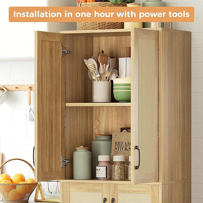 Kitchen Pantry Cabinet, 67" Tall Rattan Storage Cabinet with Doors and Adjustable Shelves, Wooden Linen Pantry Cupboard for Small Spaces Laundry Room Bathroom, Food Snack Towels Storage, Oak