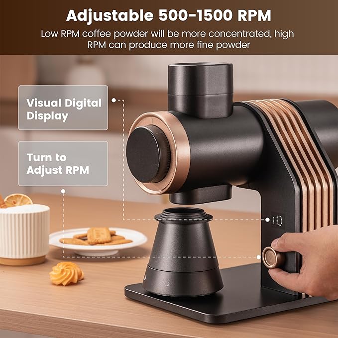 Gevi VelPro 400 Single Dose Coffee Grinder with Variable Speed, Stepless Adjustment, 64mm Titanium Flat Burr & Single Dosing Cup, Coffee Bean Grinder for Drip, French Press & Cold Brew-Black Gloden