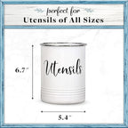 Home Acre Designs Vintage Farmhouse Utensil Holder - Stylish Countertop Organizer and Kitchen Decor Caddy - Stainless Steel Rim - White