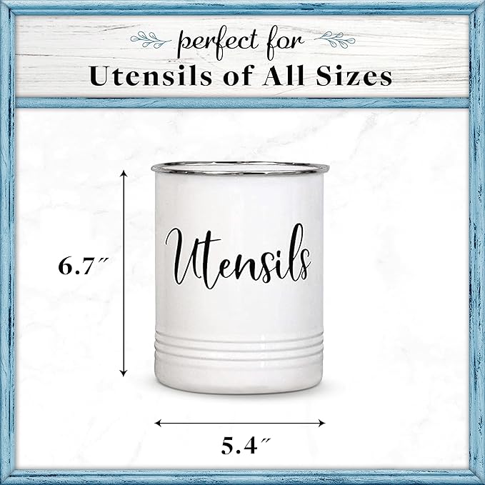 Home Acre Designs Vintage Farmhouse Utensil Holder - Stylish Countertop Organizer and Kitchen Decor Caddy - Stainless Steel Rim - White