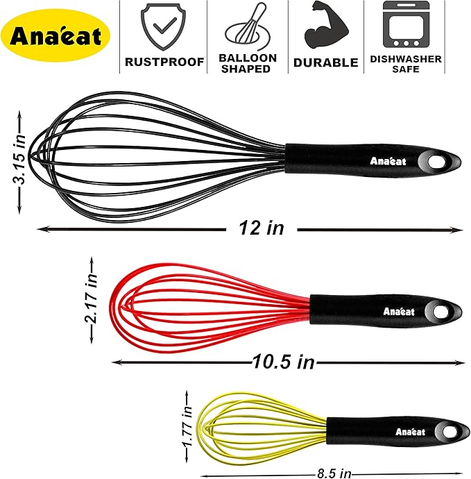 Anaeat Silicone Balloon Whisk, Perfect for Non-Stick Cookware, Milk and Egg Beater Blender, Heat Resistant Kitchen Whisks for Whisking, Cooking, Baking, Beating, Frothing & Stirring (Multicolor)